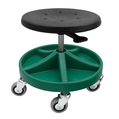 Work Stool with seat in PU foam, footrest with 5 compartments, 5xØ75 wheels and height 350-470 mm (GREEN)